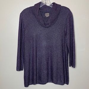 Chico’s EASYWEAR Tunic Sweater Purple Metallic Silver Cowl Neck 3/4 Sleeves 8